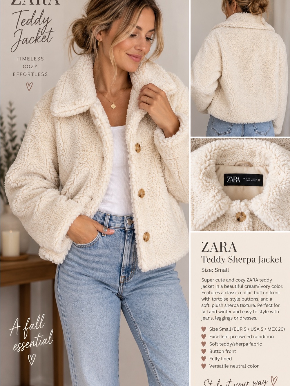 Zara Cream Teddy Sherpa Jacket Coat size small Shearling Button front Excellent